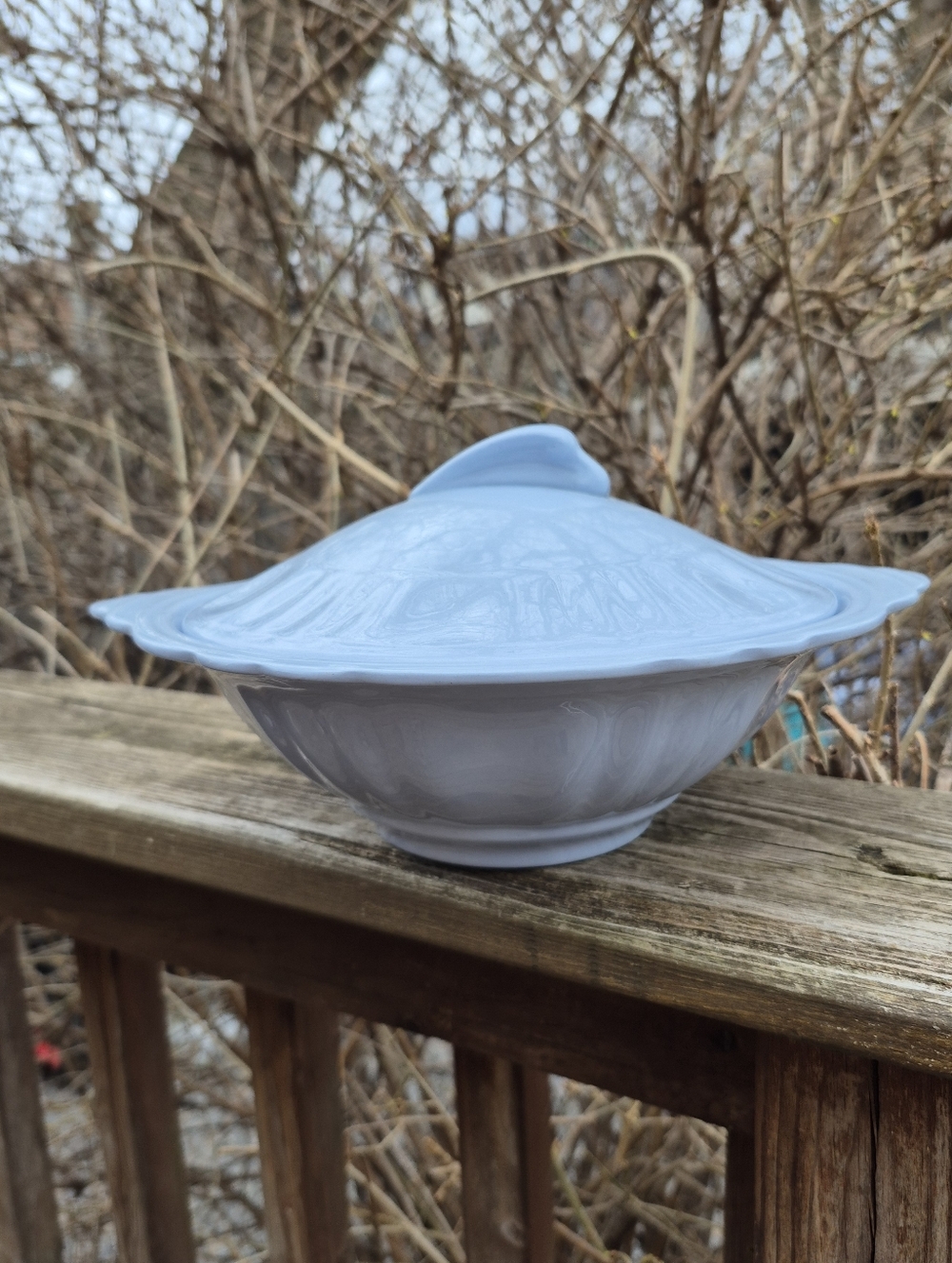 Vintage Light Blue Ceramic Lidded Serving Bowl